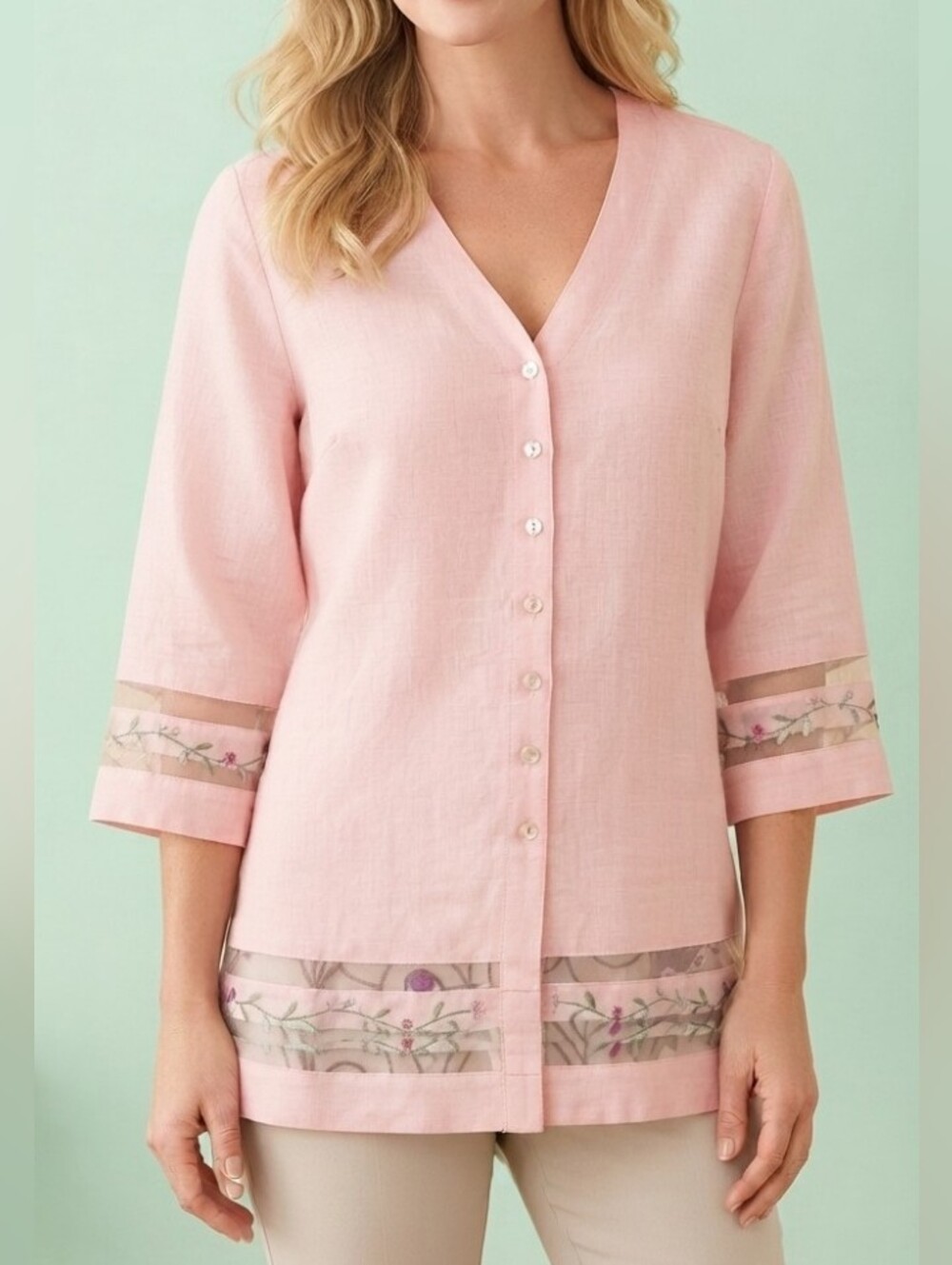 NWOT Jordan Linen Bland Tunic 3/4 Sleeve Embroidery Pink XL